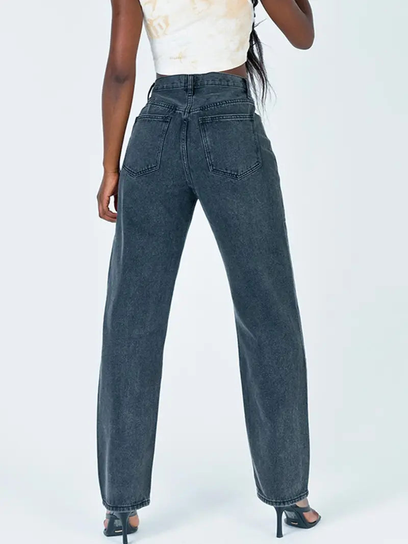 Gray High-Rise Straight Leg Baggy Jeans with Pockets